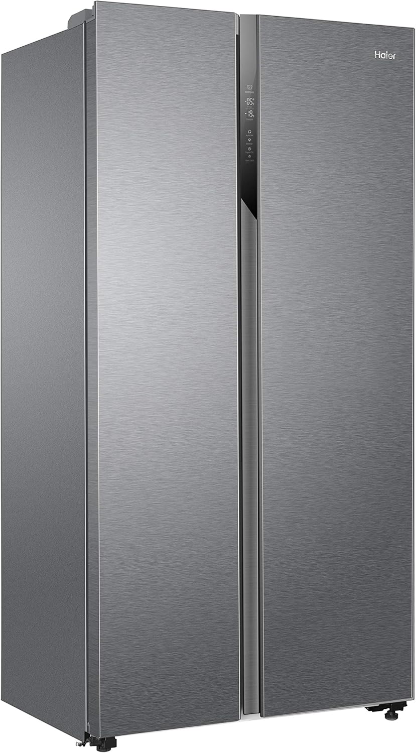 Haier SBS 90 Series 528L American fridge freezer in gentle silver with digital control panel on the door