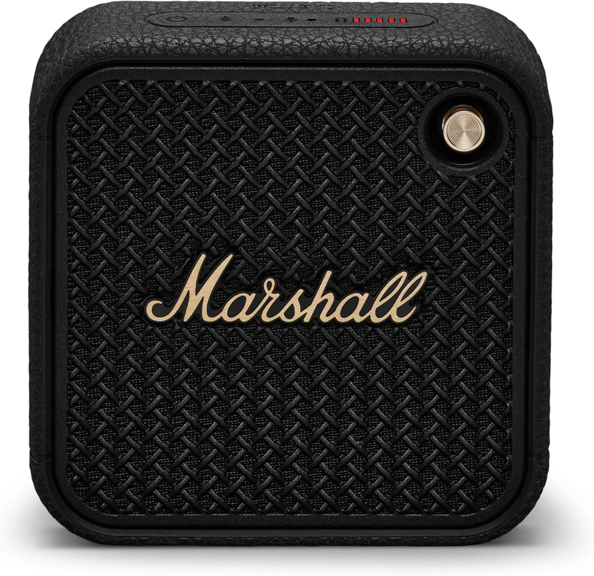Marshall Willen II portable Bluetooth speaker in black with brass accents, front view showing grille and logo.