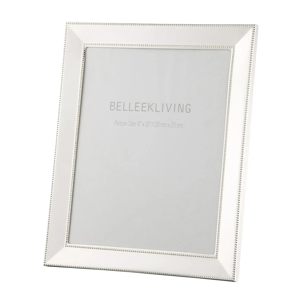 Belleek Living Border 8x10 photo frame with a silver plated metal border and delicate beaded edge detail.