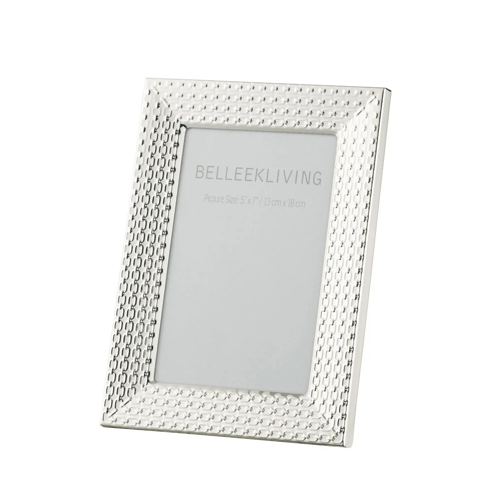 Belleek Living Link 8x10 frame with a hammered chain link textured silver plated metal border.