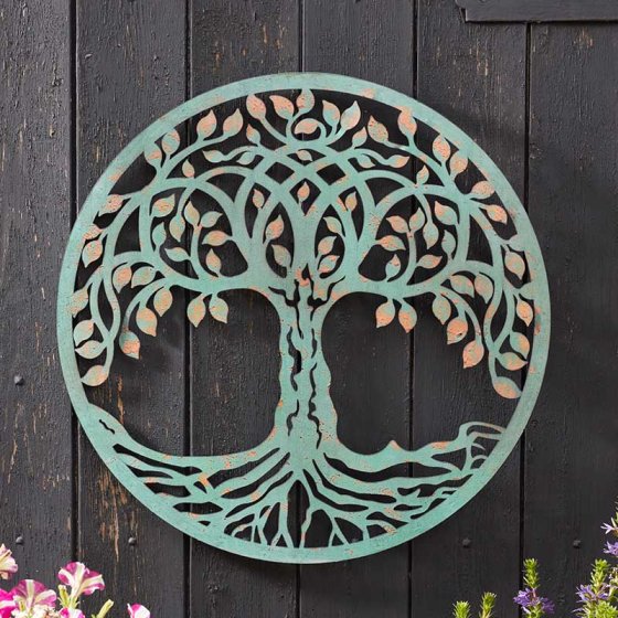 60cm Verdigris Tree of Life wall art, rustic garden decor, 60cm diameter – Keans Claremorris