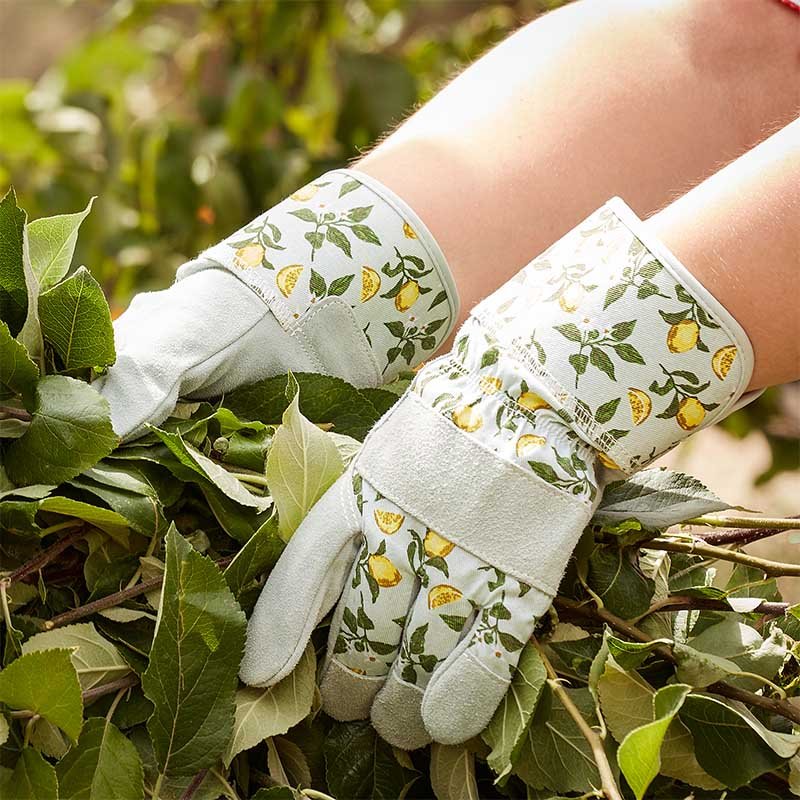 Hands wearing Sicilian Lemon Premium Lightweight Rigger M8 gloves holding green leafy branches outdoors