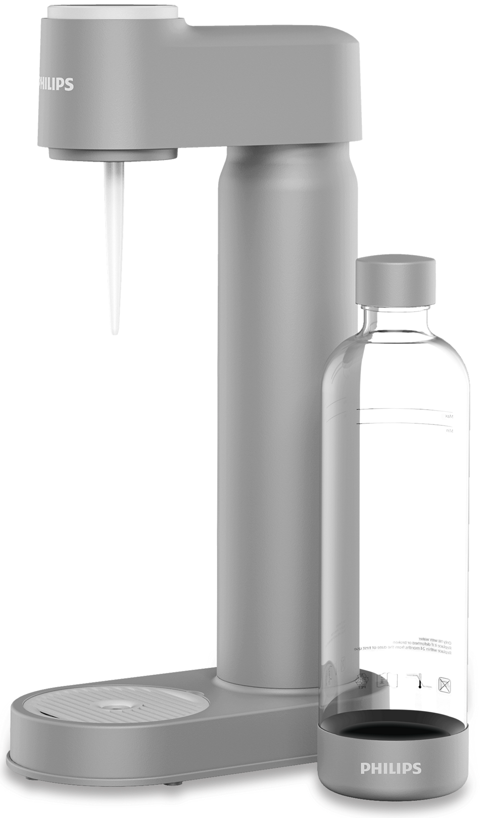 Philips GoZero Soda Maker in gray with a clear bottle attached, shown on a white background.
