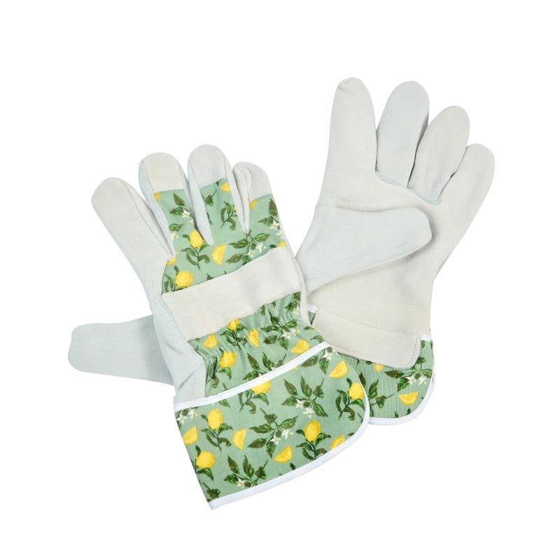 Pair of Sicilian Lemon Premium Lightweight Rigger M8 gloves with lemon print fabric and white leather palms.