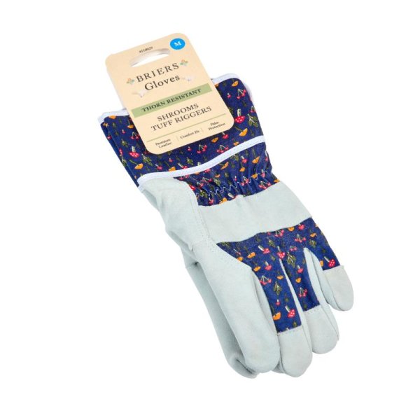 Mushrooms Premium Lightweight Rigger M8 glove with blue fabric and mushroom print, gray leather palm and fingers