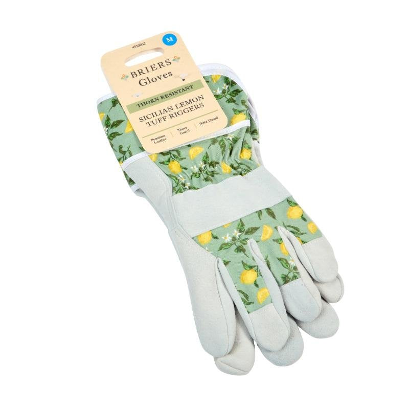 Sicilian Lemon Premium Lightweight Rigger gloves with lemon print fabric and white leather palm and fingers, size M.