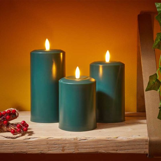 15cm Faux Flame Pillar Candle - Green - Image 1