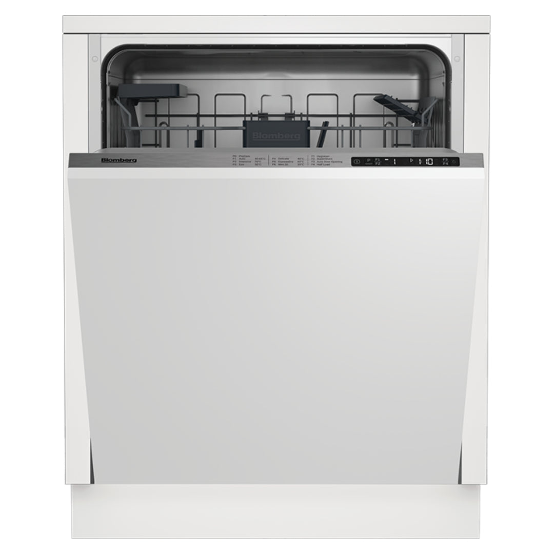 Blomberg integrated dishwasher with partially open door showing empty stainless steel interior and adjustable racks.