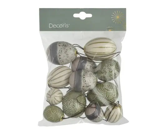 Bag of 12 high-gloss foam Easter eggs in green and brown tones with striped and patterned designs.