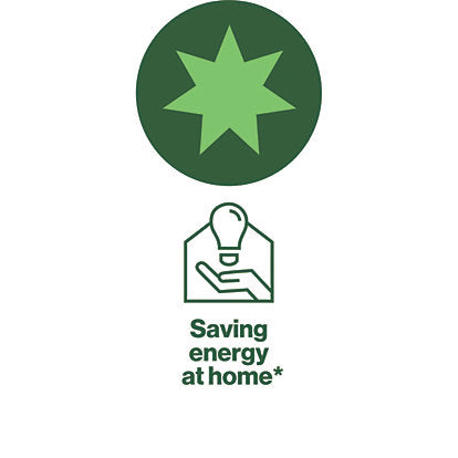Green circle with a light bulb icon and text "Saving energy at home*" below it.