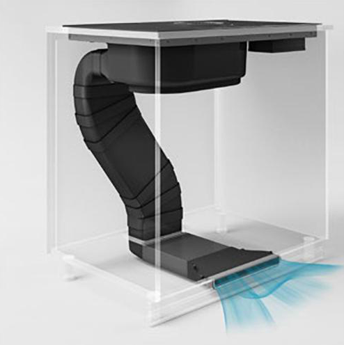 Elica NikolaTesla Fit Raw aspirating induction hob ventilation system inside a transparent cabinet with airflow shown.