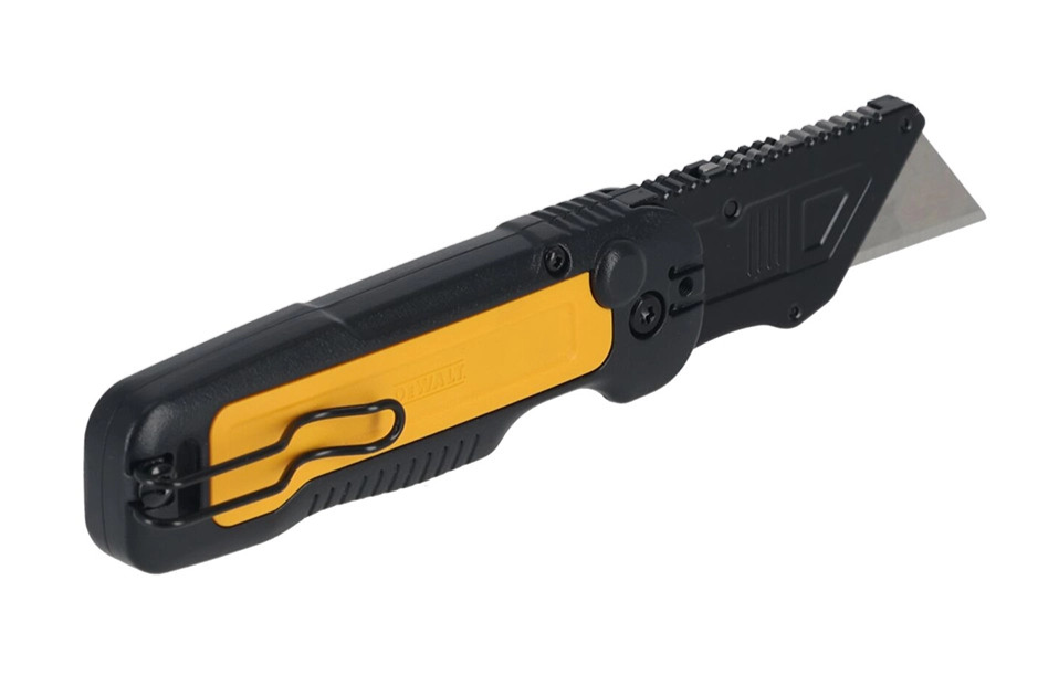 DeWalt folding fixed blade knife with black and yellow handle and exposed utility blade angled right