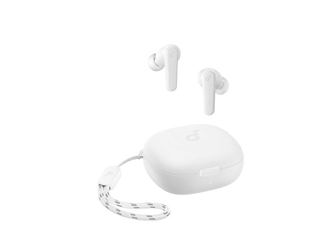 White Soundcore R50i wireless earbuds with charging case and attached wrist strap on white background.