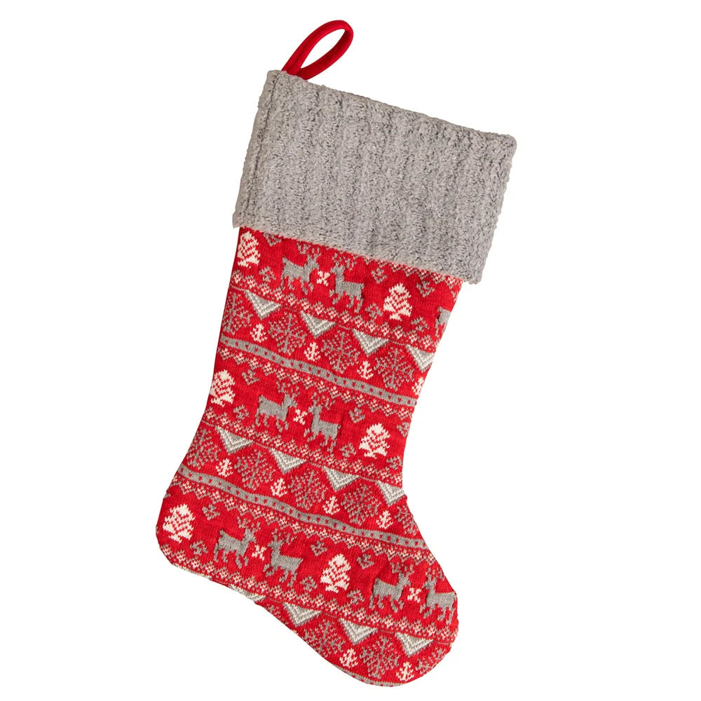Belleek Living Christmas stocking in red Fair Isle pattern with grey cuff and hanging loop.