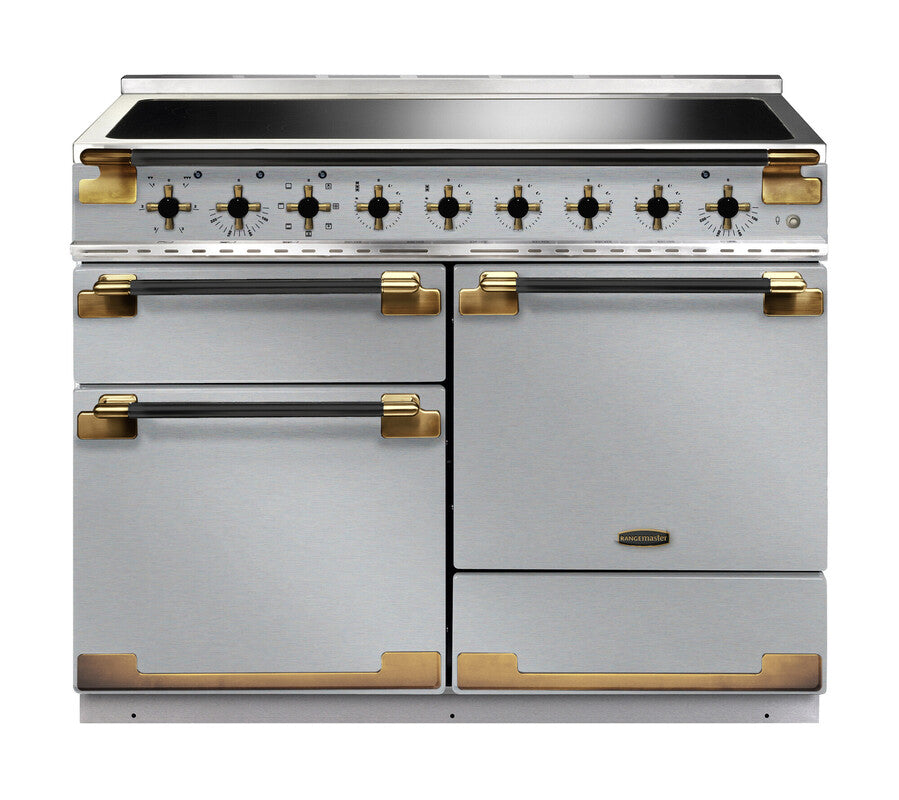 Rangemaster Elise 110cm induction cooker in black and silver with antique brass handles and trim, front view.
