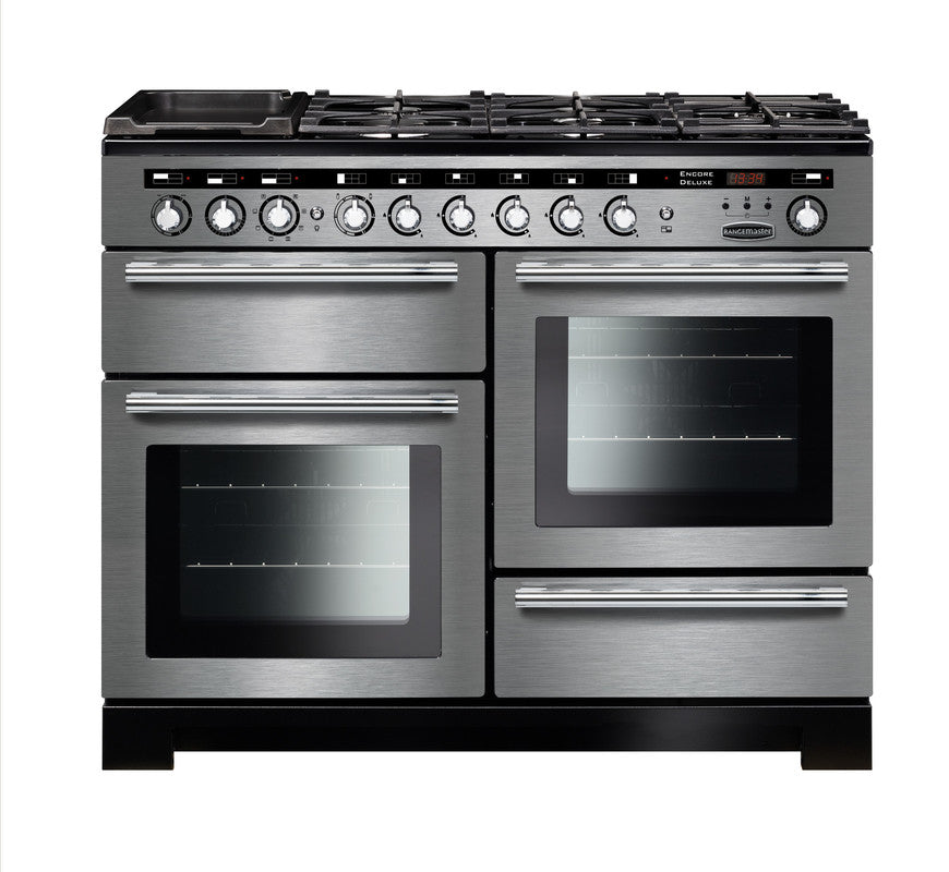 Rangemaster Encore Deluxe 110 dual fuel range cooker in stainless steel with chrome trim, showing front view.