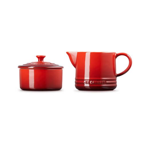 Le Creuset 300ml Cerise Milk Jug and 20ml Sugar Set – Durable Stoneware, Vibrant Red – Available at Keans Claremorris
