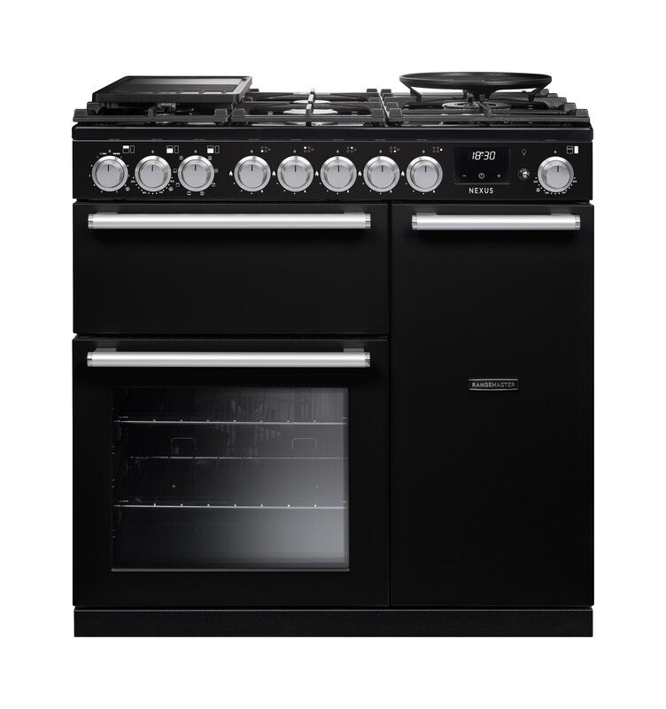 Rangemaster Nexus Dual Fuel 90cm cooker in black with chrome trim, six control knobs, and two ovens.