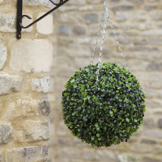 Artificial 40cm boxwood topiary ball, weatherproof, UV resistant, with removable hanging chain – Keans Claremorris.