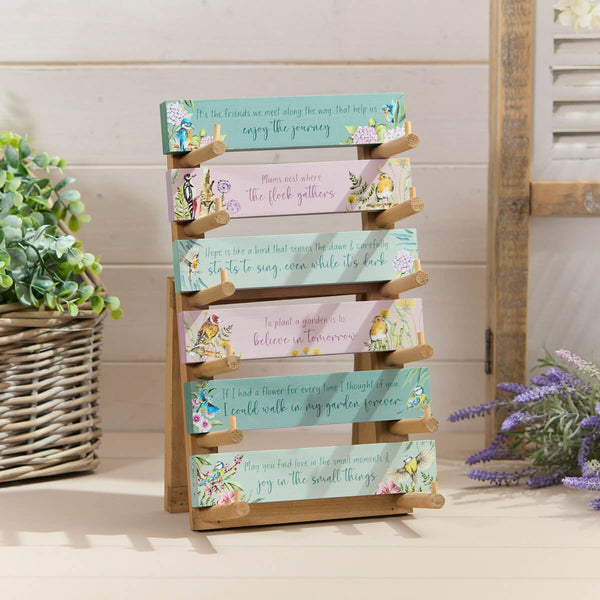 Floral feathered bird tabletop block, set of 6 assorted designs, decorative home accents, Keans Claremorris.