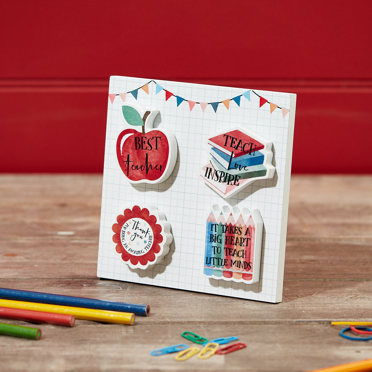 Set of 4 chunky wooden teacher magnets with apple, books, pencils, and thank you designs – Kean’s Claremorris. – online at