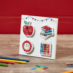 Set of 4 chunky wooden teacher magnets with apple, books, pencils, and thank you designs – Kean’s Claremorris. – online at