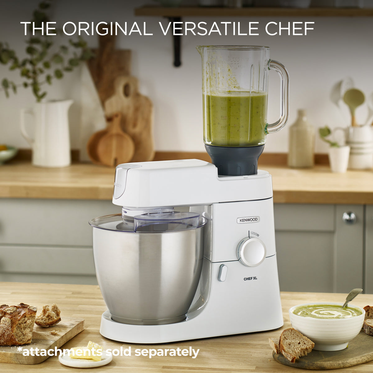Kenwood Chef Mixer XL with stainless steel bowl and blender attachment with green smoothie inside