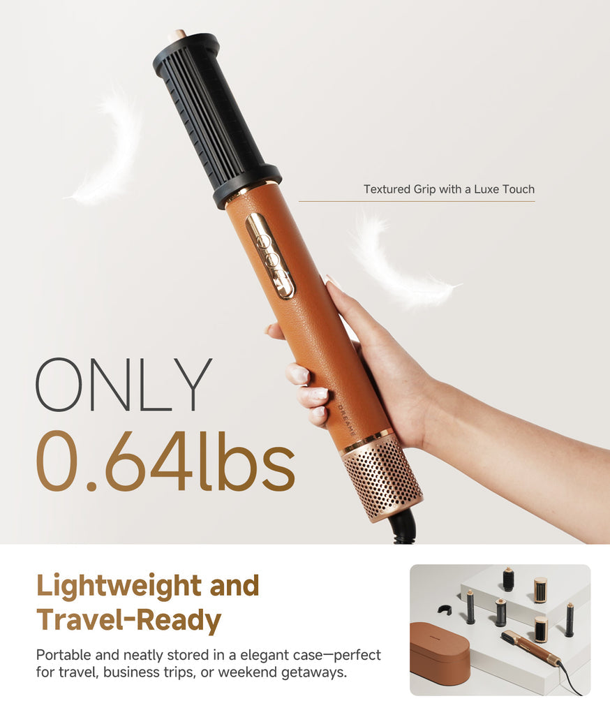 Hand holding Dreame AirStyle Pro 7-in-1 Hair Styler with textured brown grip and black styling attachment