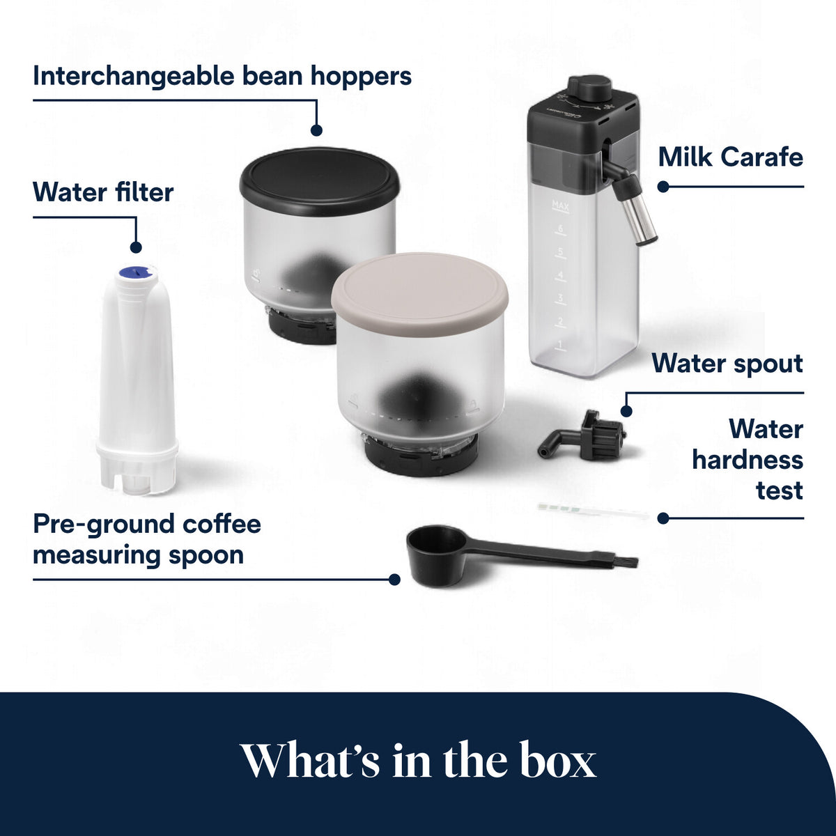 Two interchangeable bean hoppers, milk carafe, water filter, water spout, water hardness test, and coffee measuring spoon.