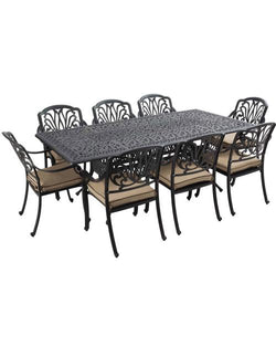 8 Seat Rectangular Bronze Garden Dining Set with Amber Cushions, Parasol, Cast Aluminium - Keans Claremorris