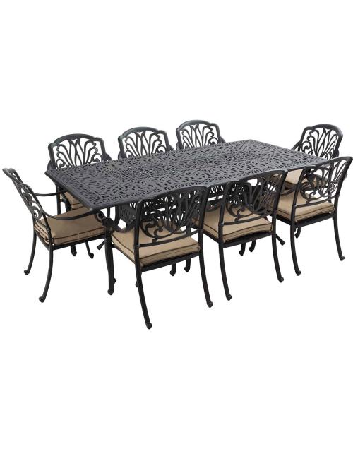 8 Seat Rectangular Bronze Garden Dining Set with Amber Cushions, Parasol, Cast Aluminium - Keans Claremorris