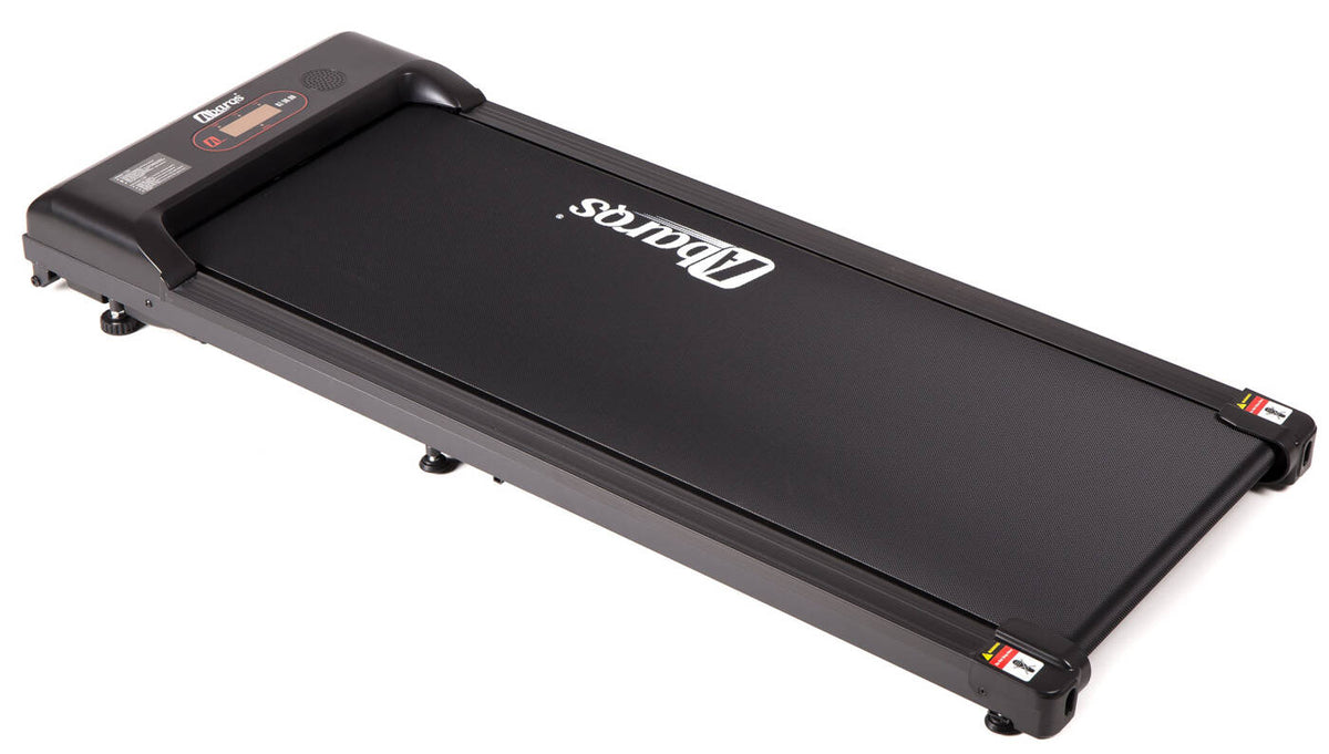AbarQs fitness BZ-38.00 electric treadmill walking pad in black with control panel and logo on the belt.