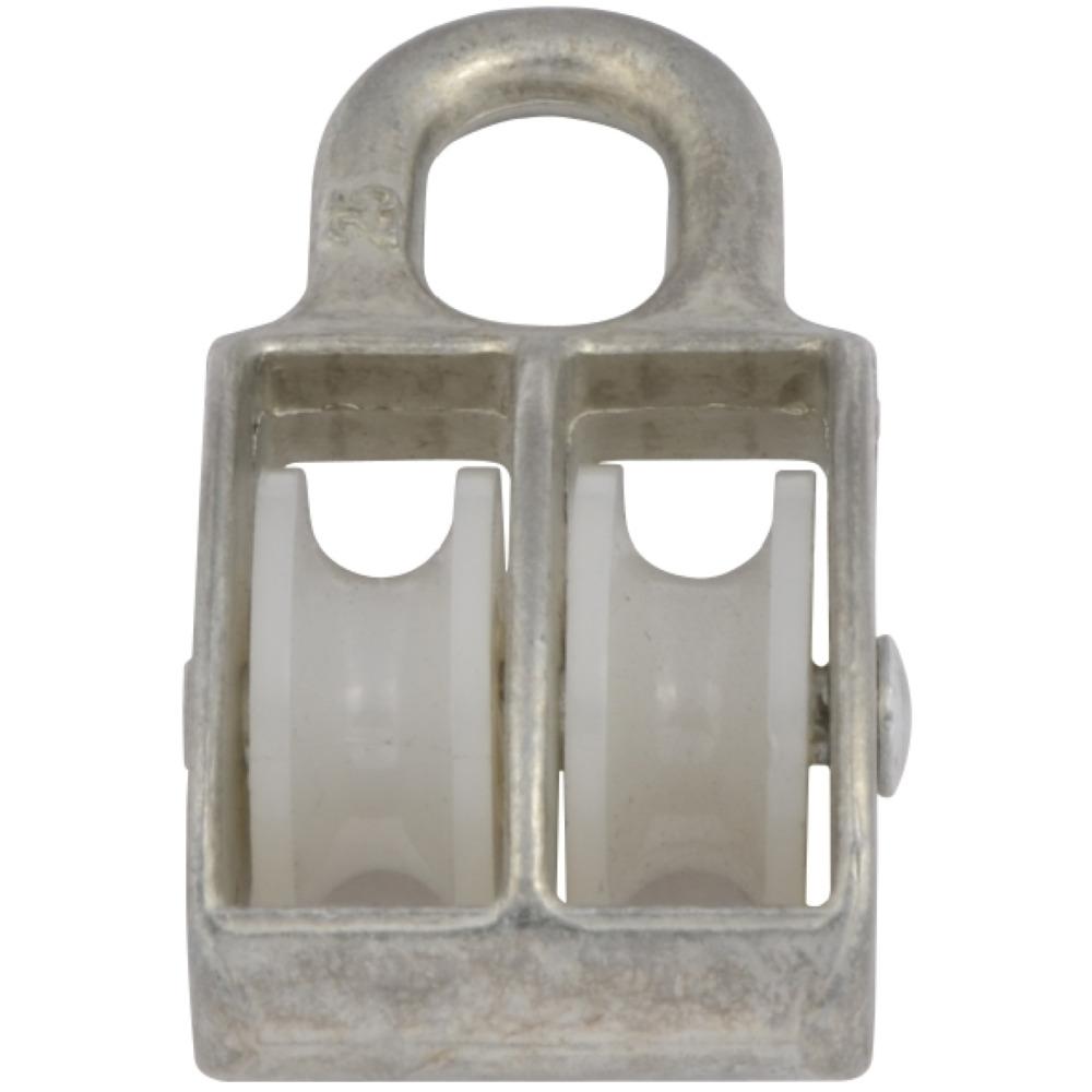 Posamo 25mm double hoist pulley with zinc-plated steel body and white polyethylene wheels, for ropes up to 7mm – Keans