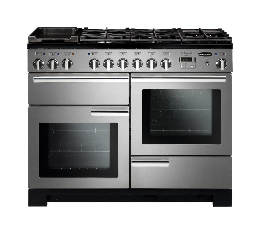 Rangemaster Professional Deluxe 110 dual fuel cooker with six burners, griddle, and two ovens in stainless steel.