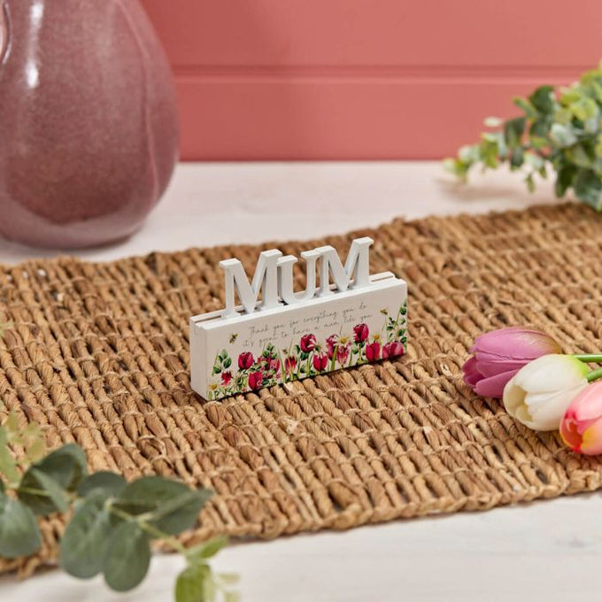 Floral wood "Mum" cut out word block with verse, 12x7x1.8 inches, decorative home decor by Keans Claremorris.