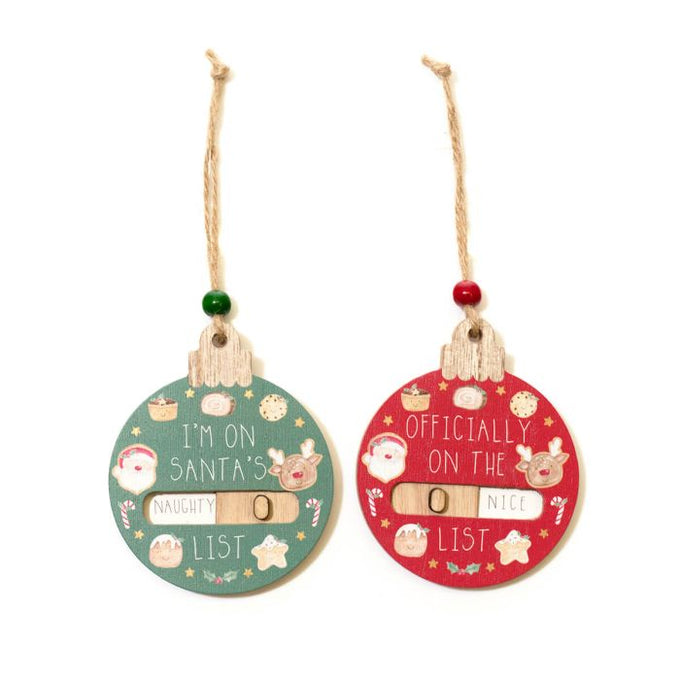 Santa's Magical Feast Naughty or Nice Sliding Wood Bauble Hanger 9x11cm - Image 1