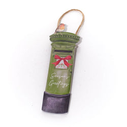 Robin With Bow Season's Greetings Green Postbox Wood Hanger 6.3x20cm