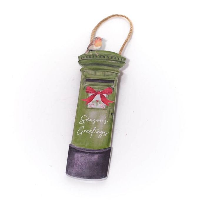 Robin With Bow Season's Greetings Green Postbox Wood Hanger 6.3x20cm - Image 1