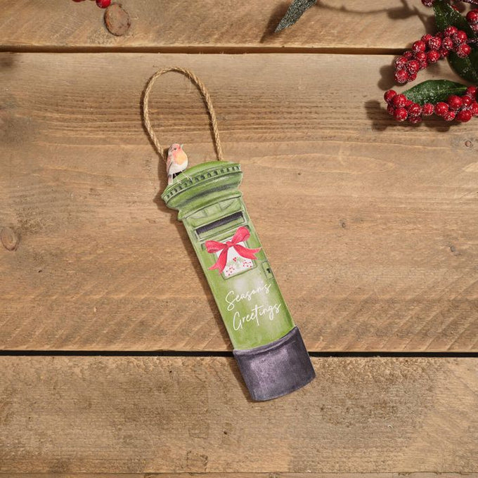 Robin With Bow Season's Greetings Green Postbox Wood Hanger 6.3x20cm - Image 2