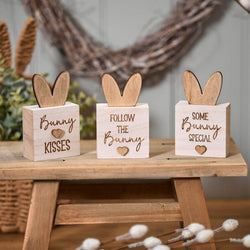 Rustic wood bunny ear blocks set of 3, assorted designs, decorative Easter accents - Keans Claremorris