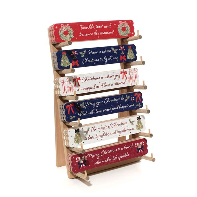 Merry Little Bows Wood Table Top Block 6 asstd Festive Sentiments 20x4cm - Image 1