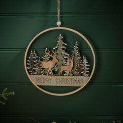 Evergreen Cut Out Woodland Stag Scene Round Wood Hanger 20x20cm
