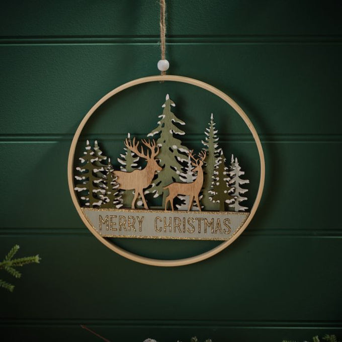 Evergreen Cut Out Woodland Stag Scene Round Wood Hanger 20x20cm - Image 1