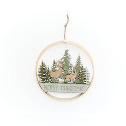 Evergreen Cut Out Woodland Stag Scene Round Wood Hanger 20x20cm