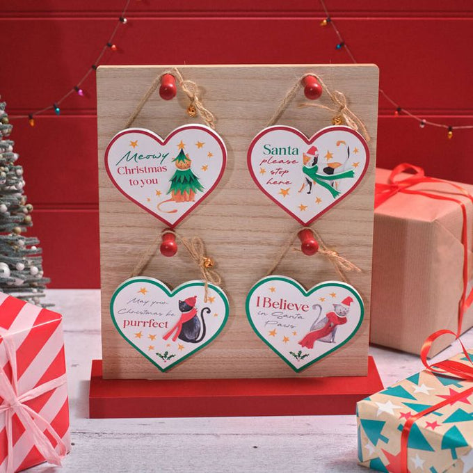 Christmas Pet Wood Cat Heart Shaped Hanger 4 asstd With Stan 9x9x0.5cm - Image 1
