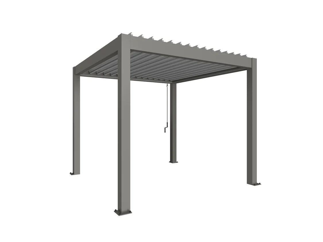 Biohort Pergola with metallic quartz grey frame and adjustable louvered roof shown on white background.