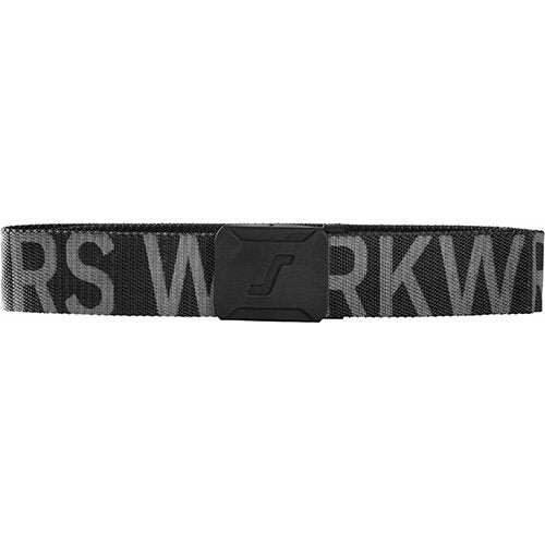 Snickers Workwear black and grey logo belt with removable rubber-coated metal buckle – available at Keans Claremorris.