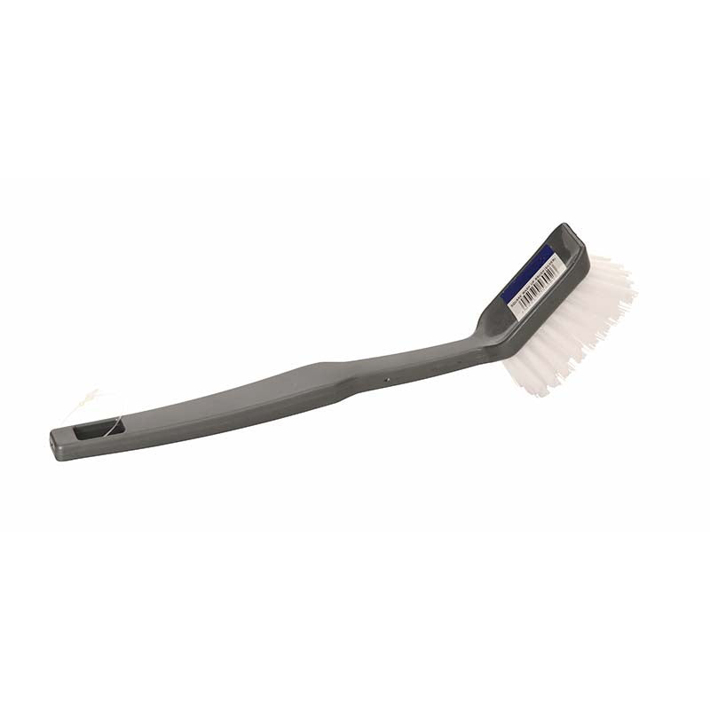 Long silver washup brush with white bristles and a barcode label on the brush head