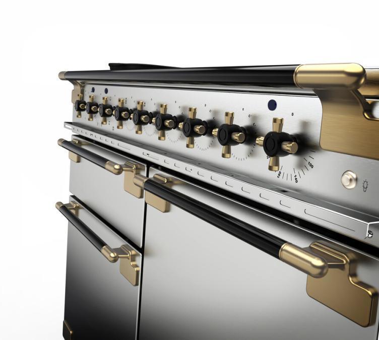 Close-up of Rangemaster Elise 110cm dual fuel cooker with black and antique brass knobs and handles.