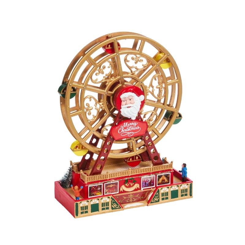 Santa's Ferris Wheel Snow Scene with gold wheel, Santa face, red base, miniature figures, and festive decorations.